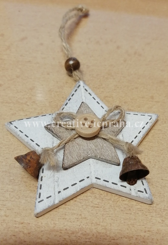 závěs-dřevo-hvězda/zvonky  bílá 8cm